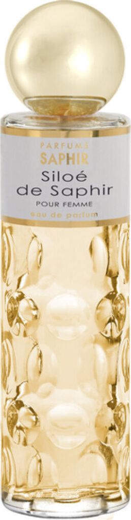 A perfume bottle with a gold cap and textured glass.