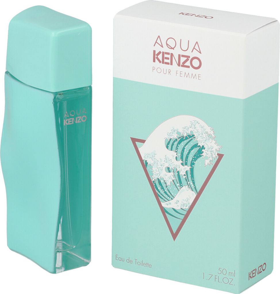 A bottle of Kenzo Aqua Eau de Toilette for women and its packaging are displayed side-by-side against a white background.