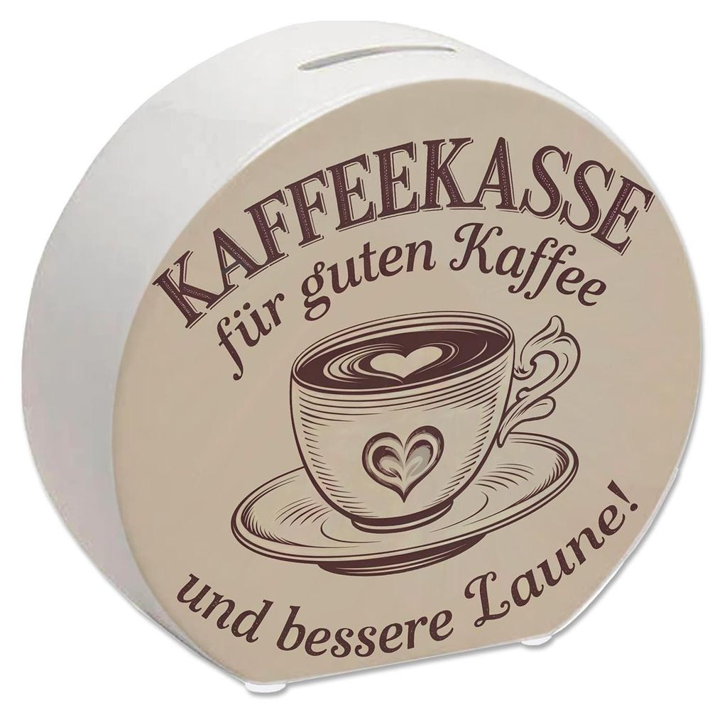 Sparschwein mit Kaffeetasse, nostalgisches Vintage-Design, Herzmotiv, beigefarbener Farbton