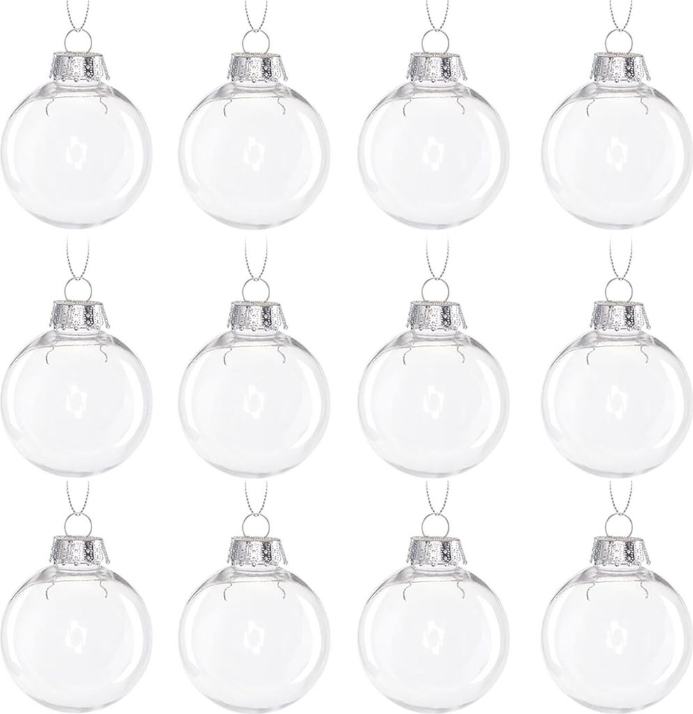 12pcs Clear Plastic Fillable Ornament Balls, Transparent Hanging Ornaments Ball, DIY Craft Round Balls, Christmas Trees, Birthday, Wedding, Party a...