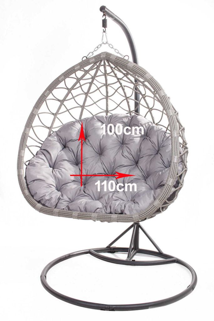 A hanging egg chair with a cushion, shown against a white background. Dimensions are indicated with arrows and text.