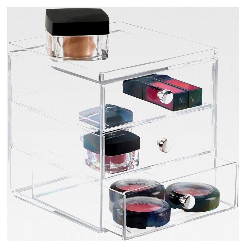 iDesign Schubladenbox für Kosmetik, kompakter Make-Up Organizer mit 3 Schubladen aus Kunststoff, stapelbarer Schubladenturm für Schminke und Kosm...