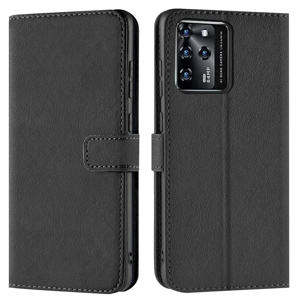 A black book-style phone case for a ZTE Blade V30 is shown open, revealing the inside and the camera cutout on the back.