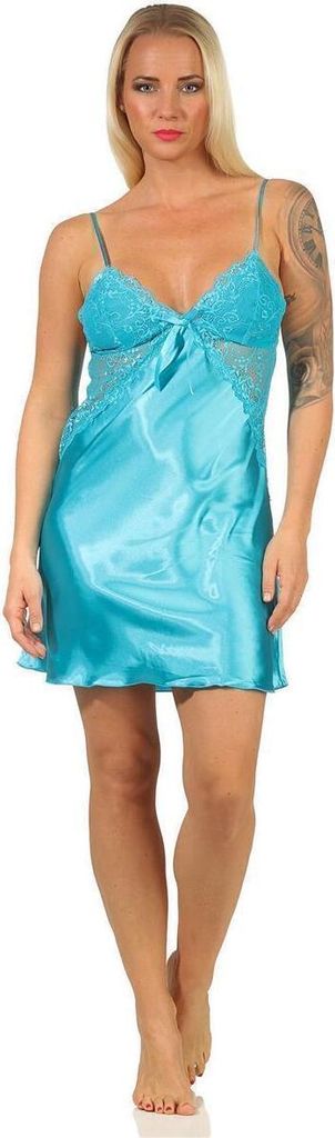 Damen Negligé Satin Nachtkleid Reizwäsche mit Spitze; Türkis/XL