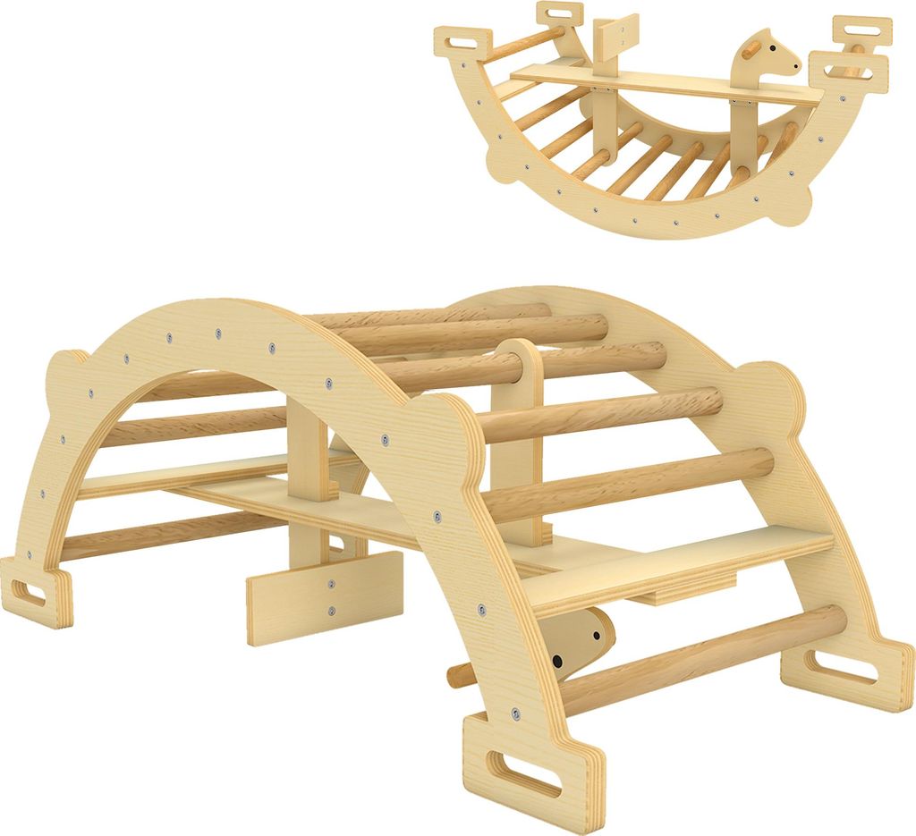 Montessori Klettergerüst Indoor, 2 in 1 Kletterbogen aus Holz, für Kinder 2-4 Jahre, 110x52x45 cm, Naturholz