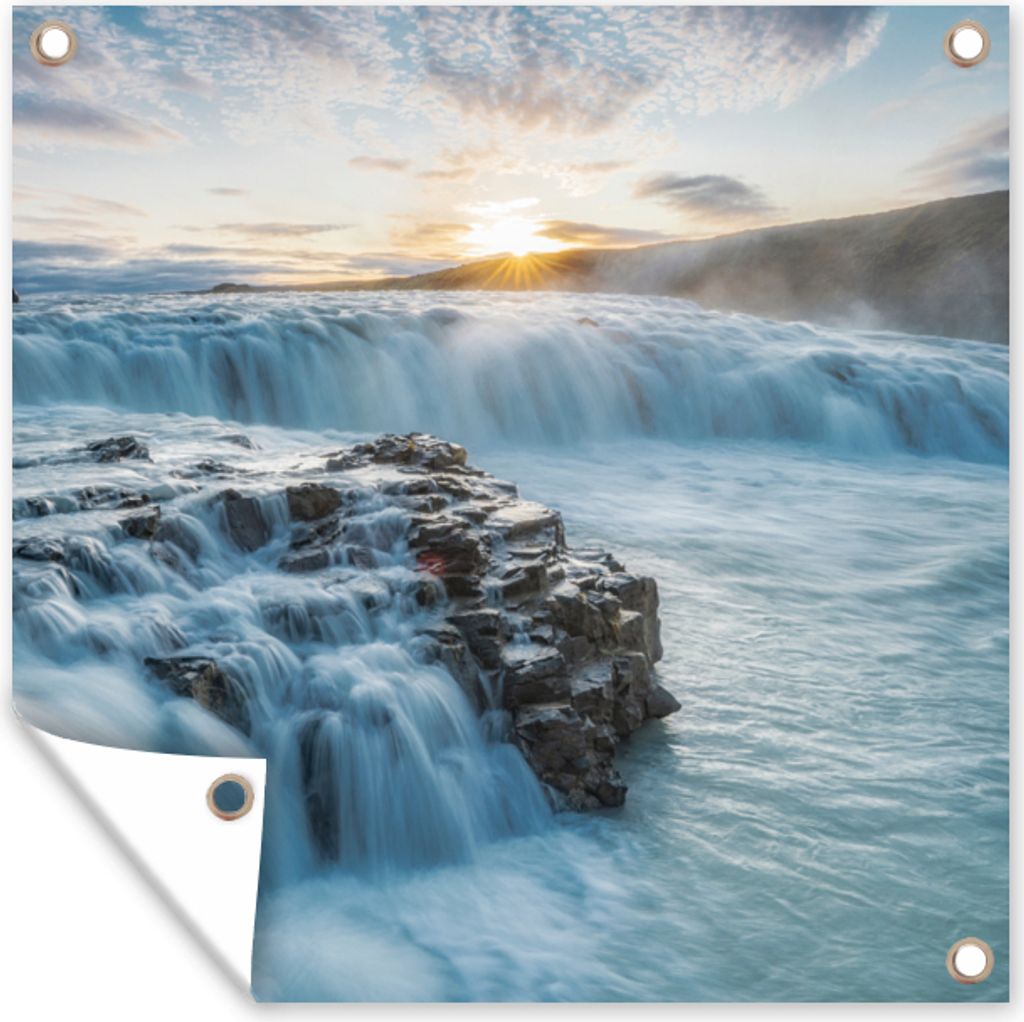 MuchoWow 100x100 cm Outdoor-Poster Gartendeko Sichtschutz Garten Poster für den Garten Wasserfall - Wasser - Steine - Sonne - Natur