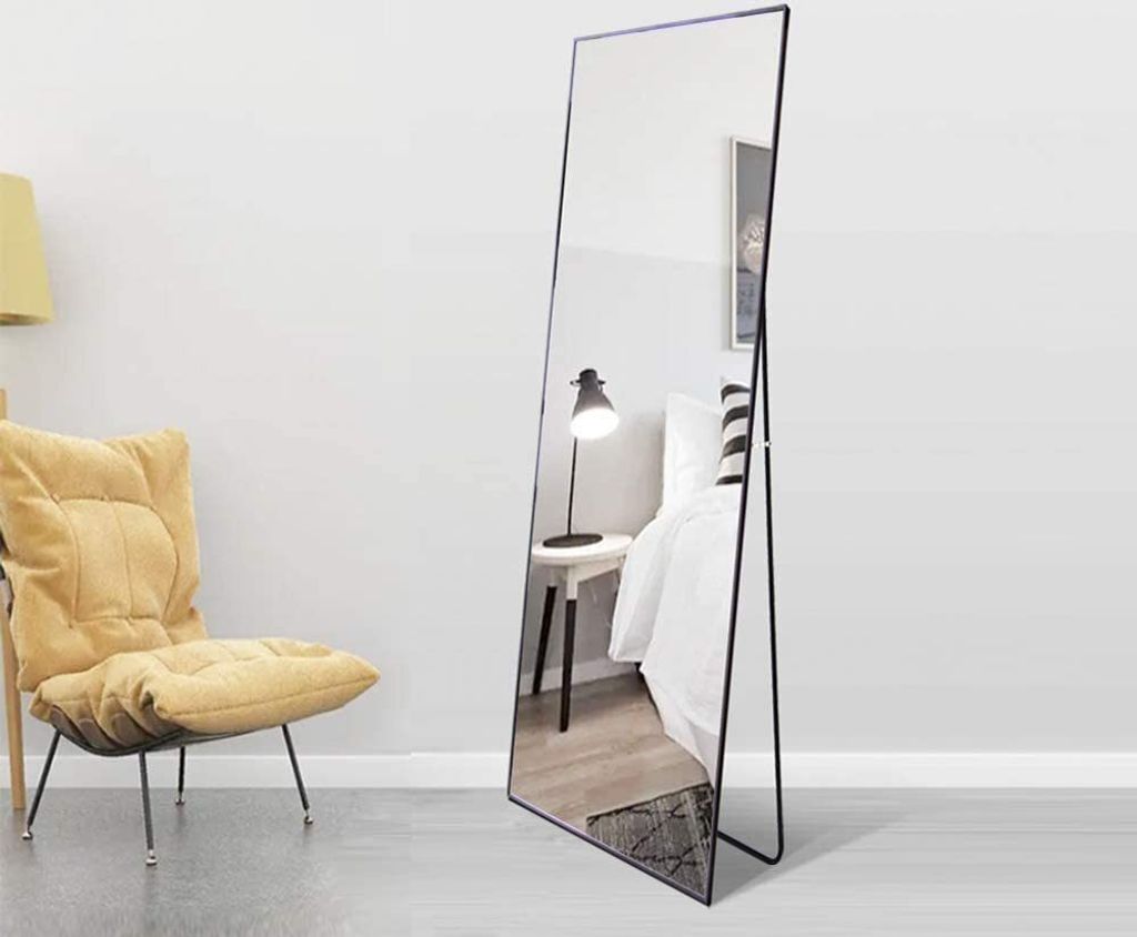 Fortuna Lai Standspiegel 150x40cm, Rechteckiger Ganzkörperspiegel mit Schwarzem Metallrahmen, HD Spiegel für Ankleidezimmer oder Wohnzimmer