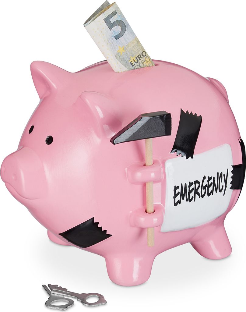Relaxdays Sparschwein mit Hammer, Emergency Aufschrift, abschließbare Spardose, Keramik, HBT: 14,5 x 15,5 x 20 cm, rosa