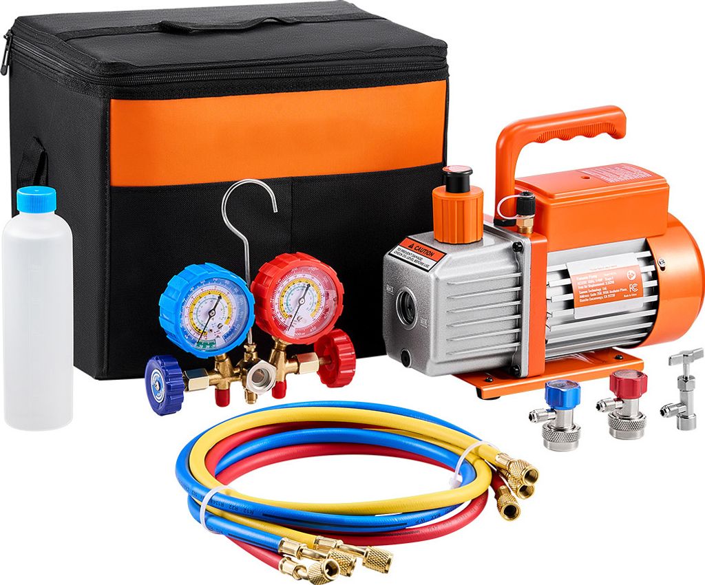 A vacuum pump kit for HVAC systems is laid out on a white background.