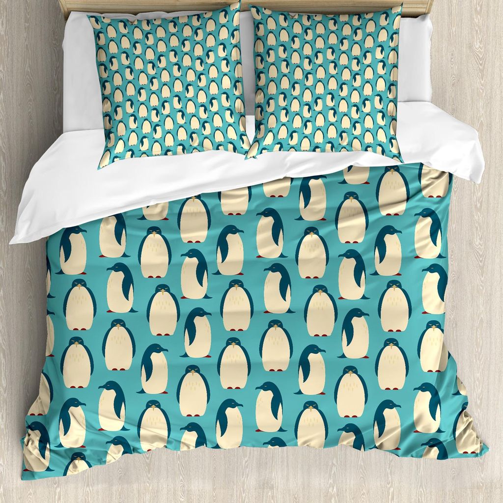 ABAKUHAUS Pinguin Bettbezug Set, Arktische Vögel Chubby Animal Characters Pattern auf Teal Hintergrund South Pole Fauna, 200 x 200 cm + 80 x 80 cm...
