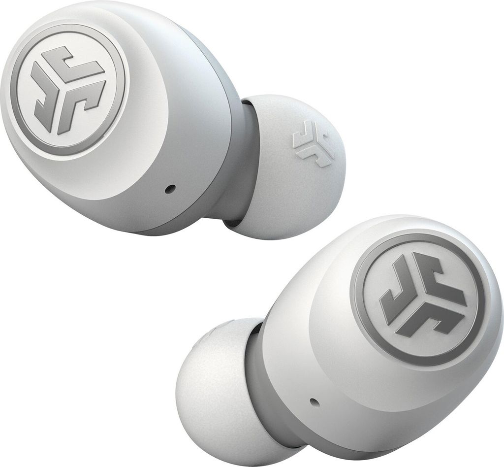 A pair of white and gray wireless earbuds are shown against a white background.