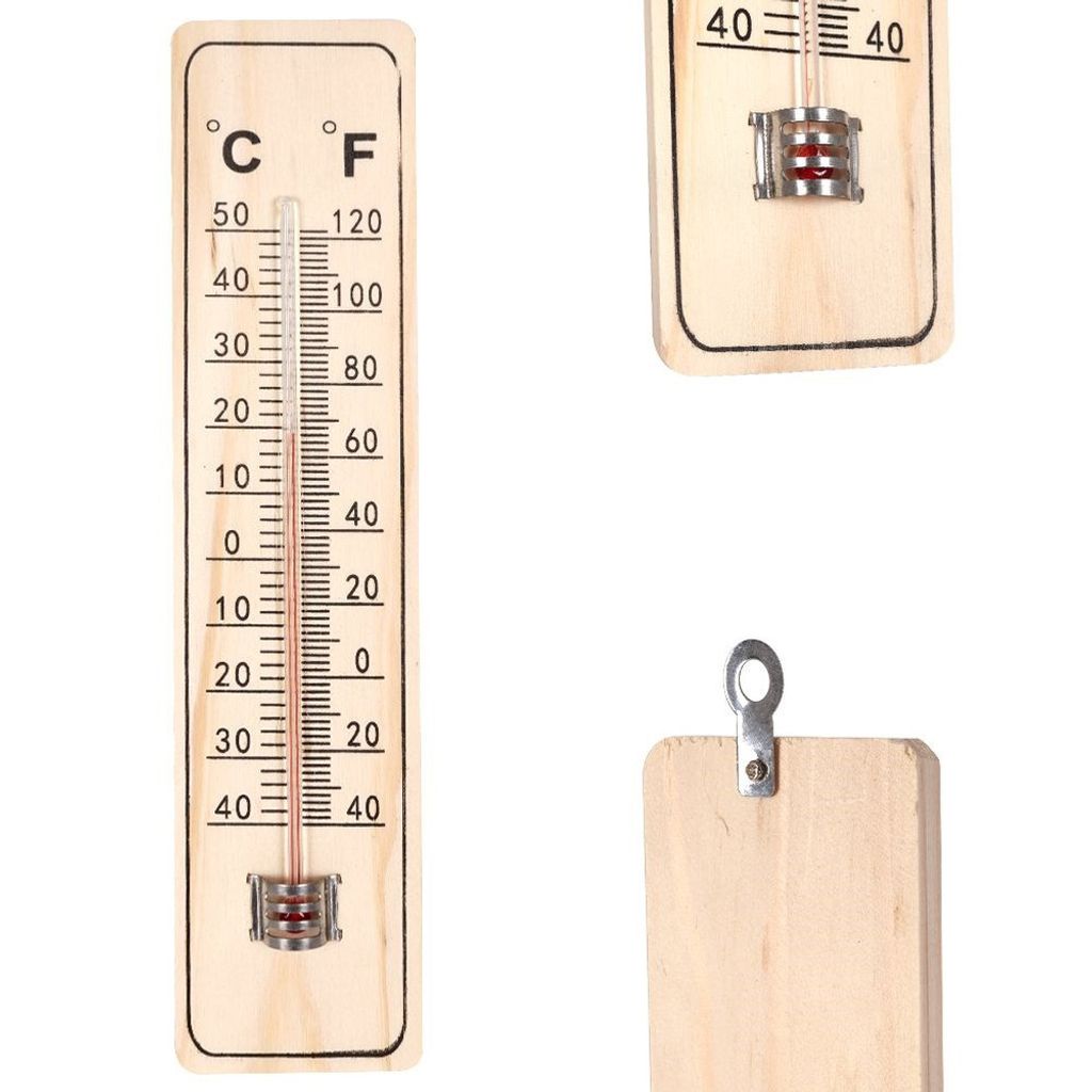 A collage of images showing a wooden thermometer.