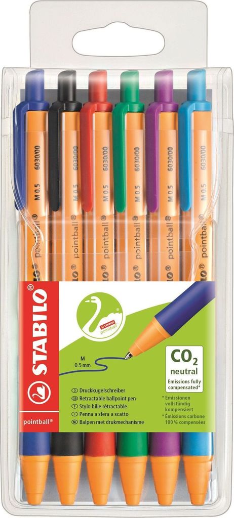 A pack of six STABILO pointball pens in various colors, displayed in clear plastic packaging.