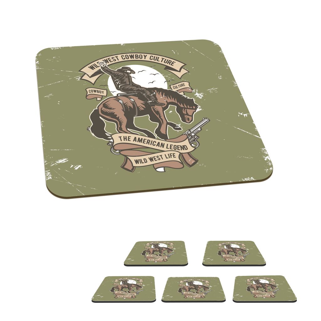 KitchenYeah Glasuntersetzer Quadratisch 6er Set Pferde - Pistole - Cowboy - Retro 10x10 cm Untersetzer für Gläser - Getränkeuntersetzer - Tisc...