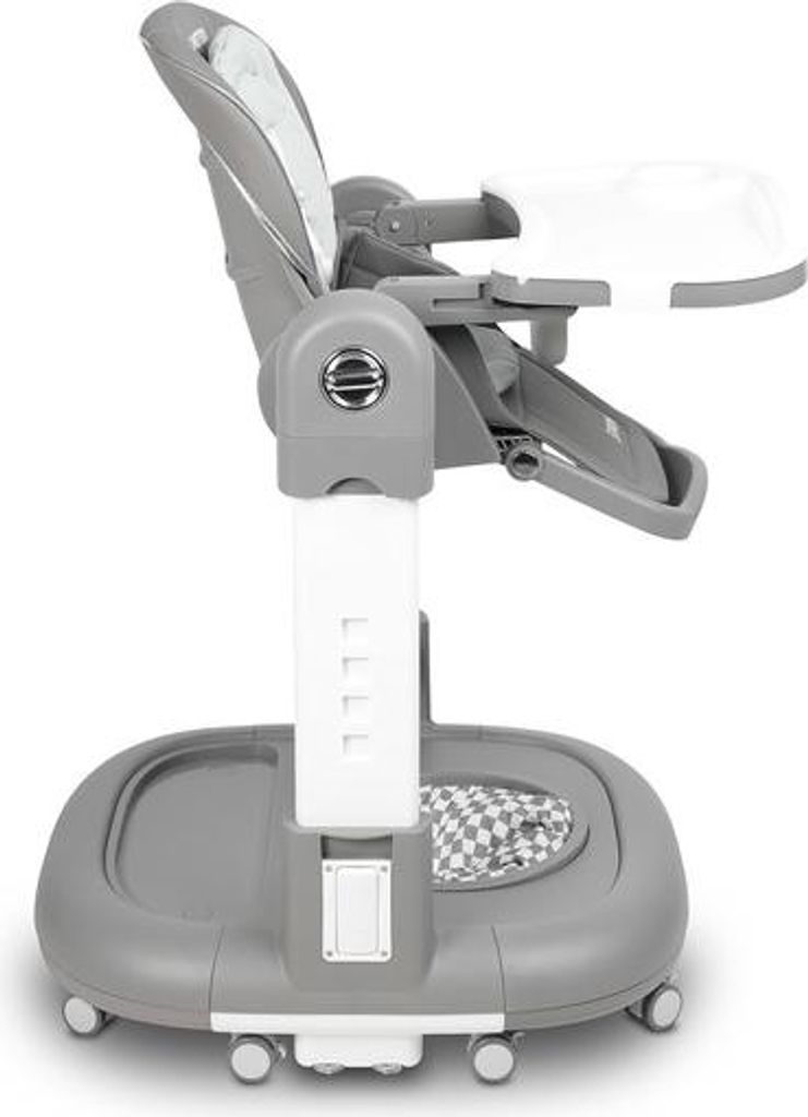A side view of a gray and white baby high chair with a tray.