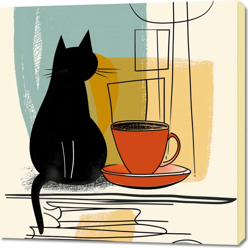 Toile Chat et Café 90 x 90 cm - Grand Format Carré avec Couleurs Vives