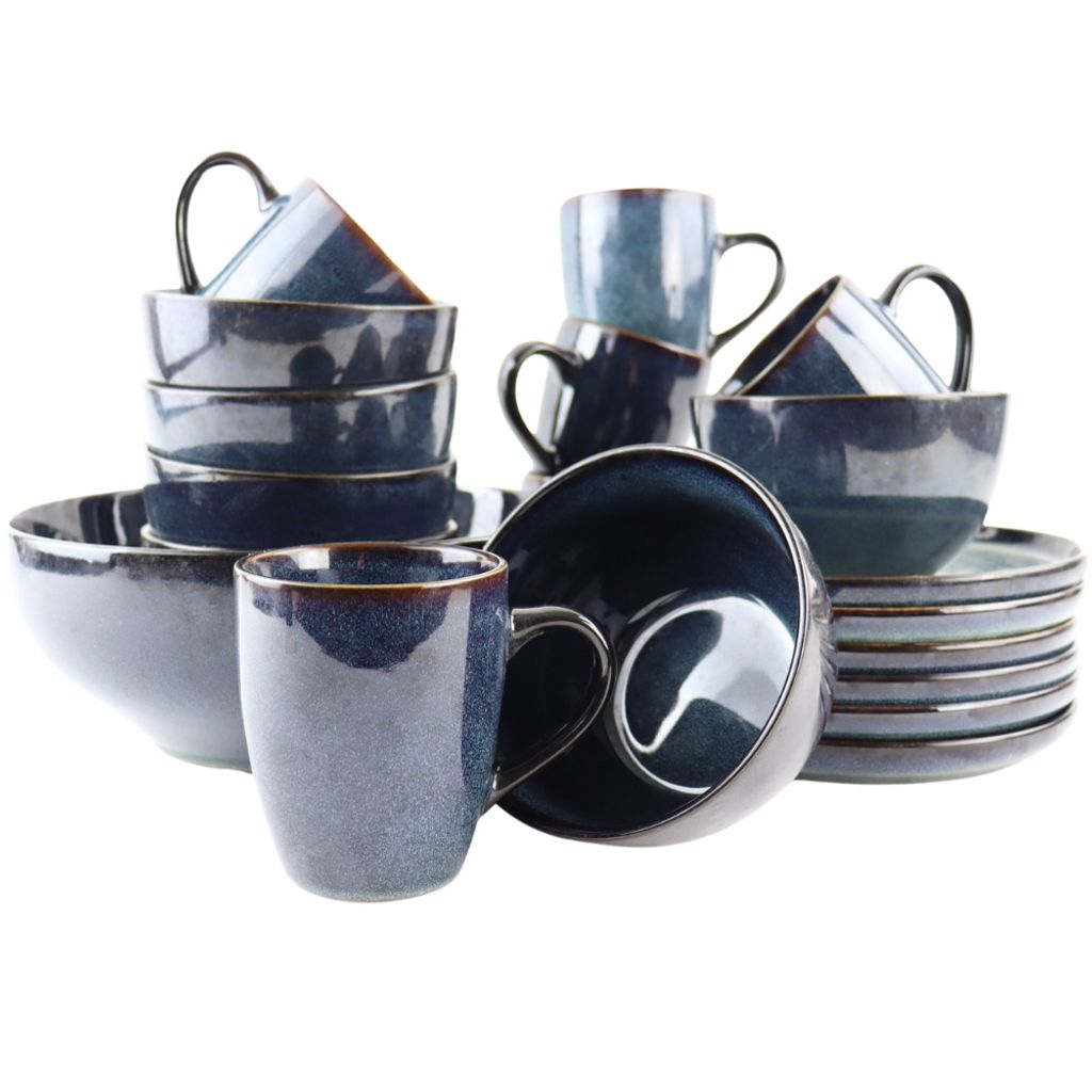 OTIX Geschirrservice Tafelservice 6 Personen 19-teilig mit Servierschale Kaffeetassen Suppenschüsseln Essteller EBONY.