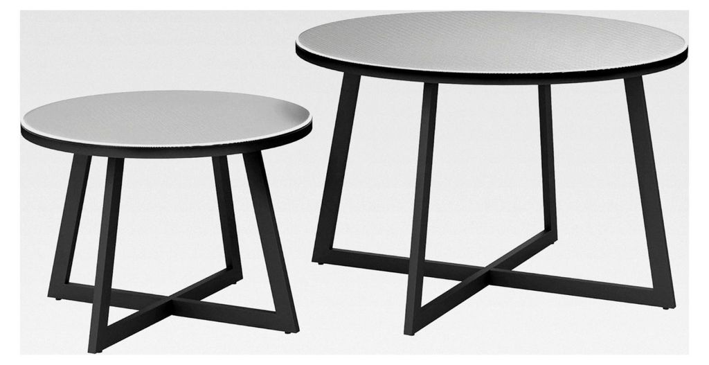 2er Set stapelbare Beistelltische rund wetterfest für Balkon und Garten mit X-Beinen, Glasplatte, Stahl, für Wohnzimmer, Büro, Outdoor und Indoo...