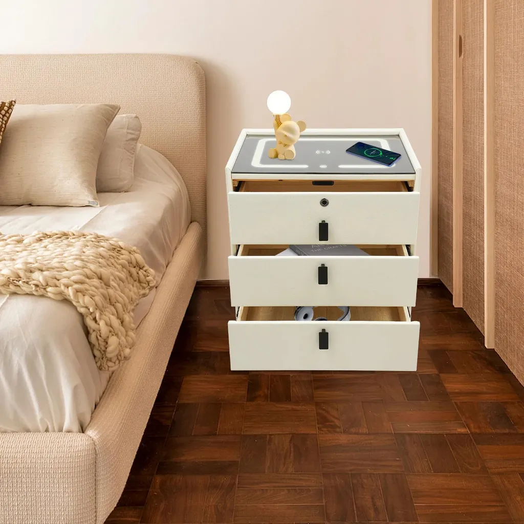 Commode de nuit connectée avec 3 tiroirs et port de charge USB Beige
