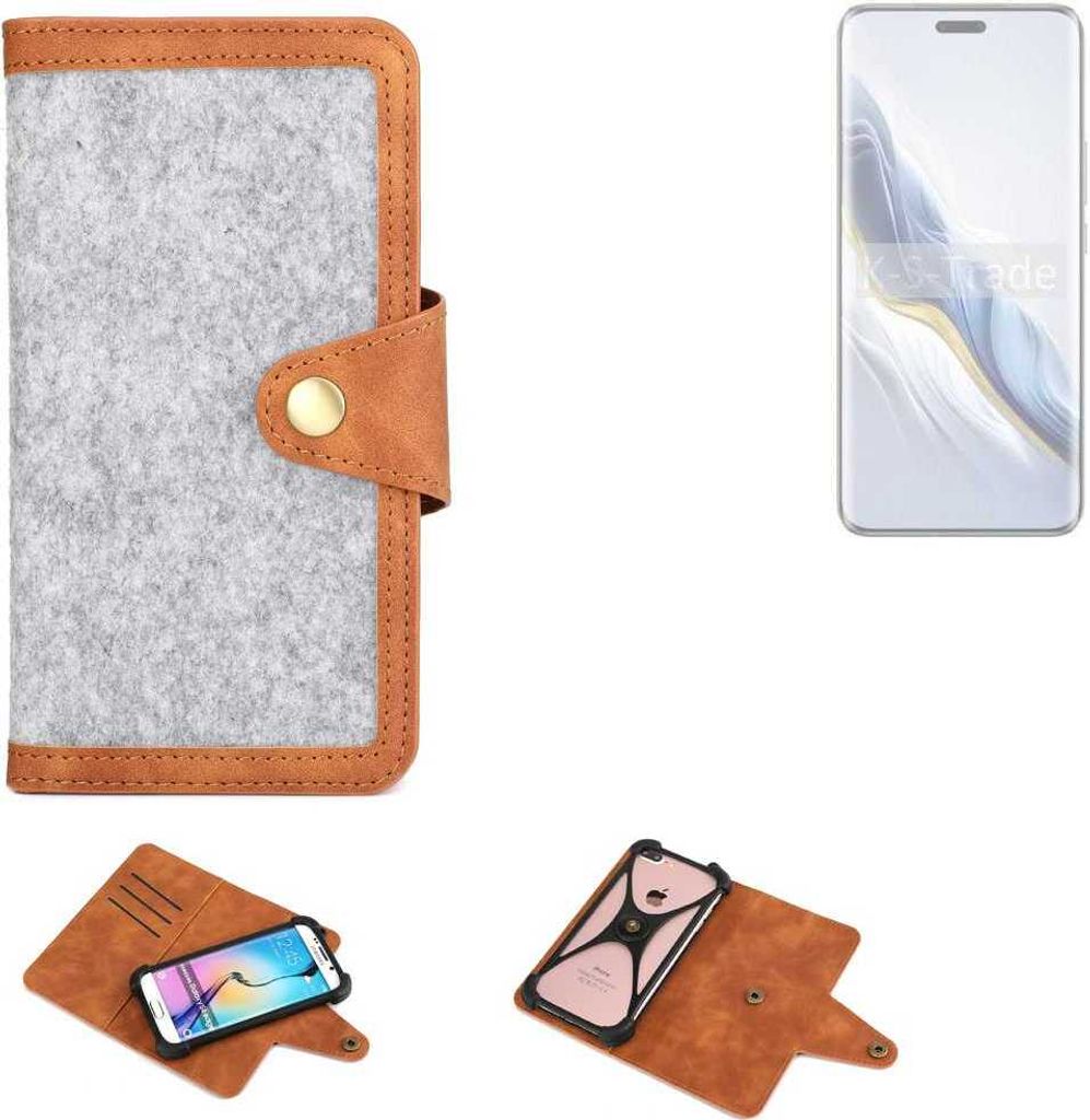 K-S-Trade Handyhülle kompatibel mit Honor Magic6 Pro Schutzhülle Filz-Hülle Kunst-Leder hellgrau braun (1x)