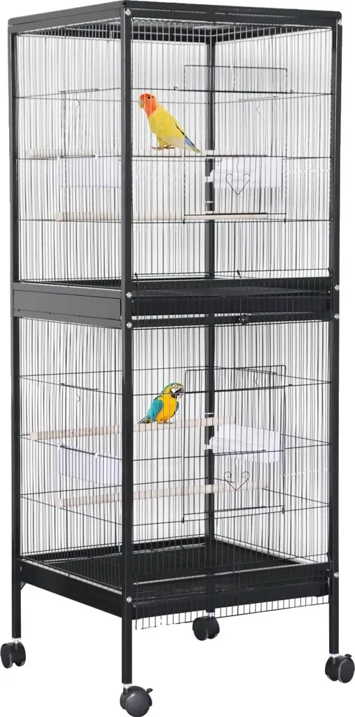 Cage Oiseaux Robuste et Facile à Nettoyer avec 4 Bols Inox 140cm Fer