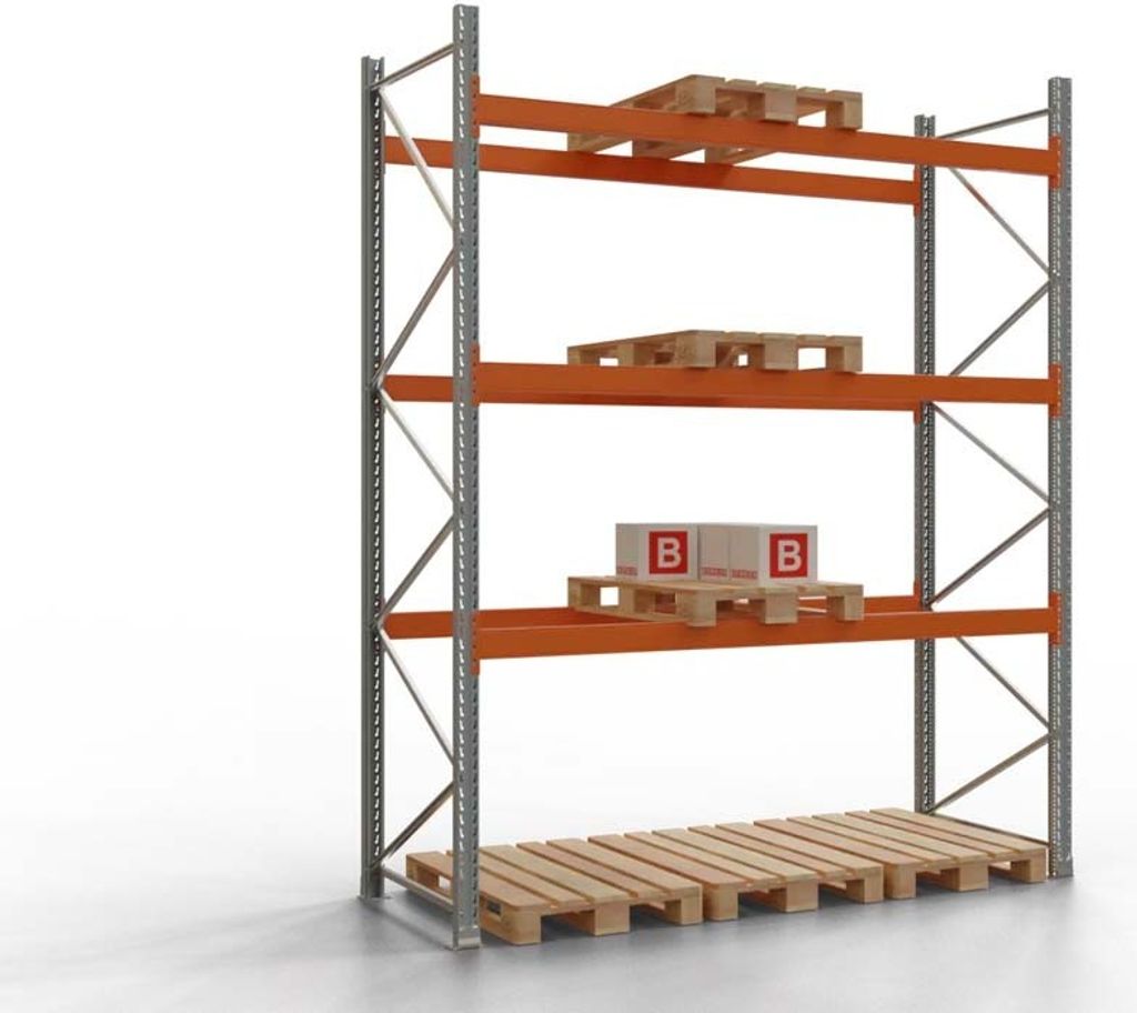 Palettenregal, Grundfeld, 3 Lagerebenen, Fachlast 2000 kg, Feldlast 6000 kg, BxTxH 2870x1100x3500 mm