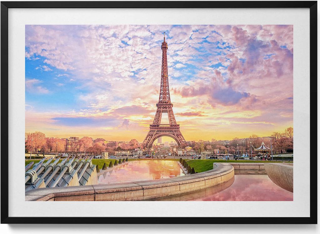 Romantischer Blick auf den Eiffelturm in Paris– Wandbild mit Rahmen – Gerahmtes Bild – Wanddekoration – 100x70 cm – Schwarz Rahmen