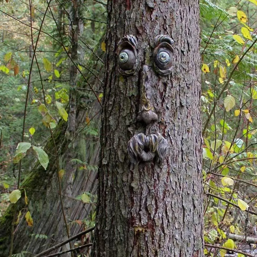 Décoration de Tronc d'Arbre Amusante - Sculpture de Visage Extérieur