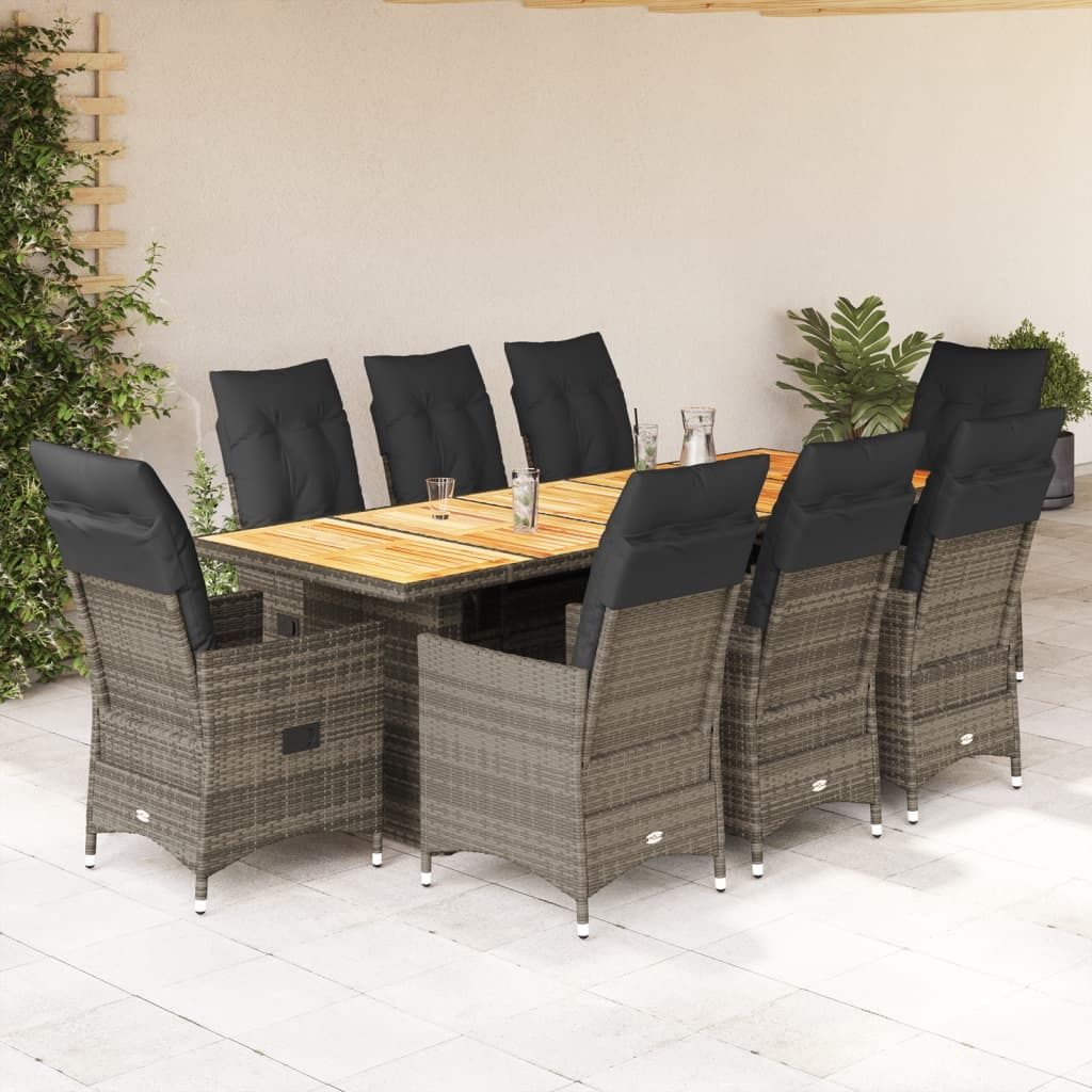 Möbel 9-tlg. Garten-Bistro-Set mit Kissen Grau Poly Rattan - Gartenmöbelgarnituren 3277237