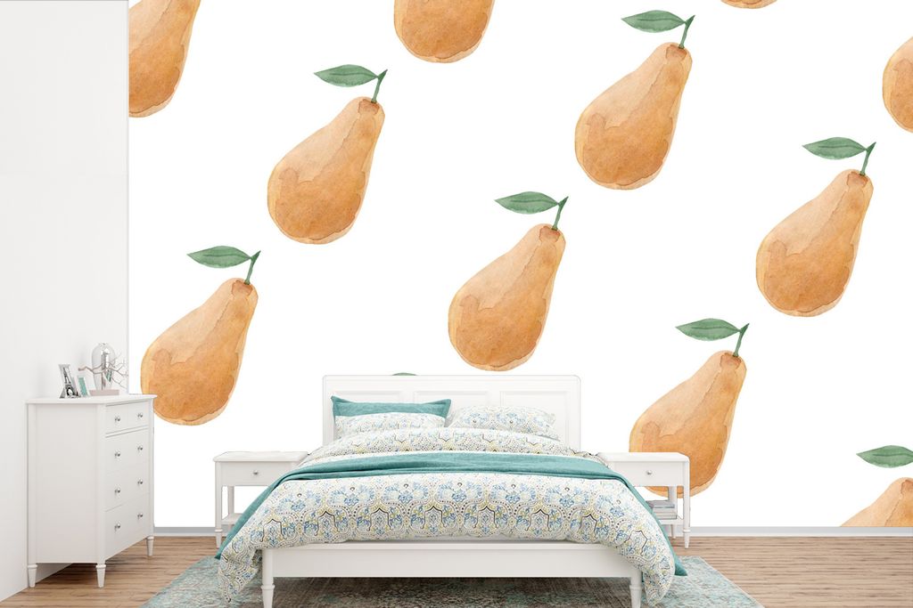 MuchoWow Fototapete für Wohnzimmer oder Schlafzimmer Wandtapete Vinyl Motivtapete Birnen - Aquarellfarbe - Weiß - 330x220 cm - Fototapeten