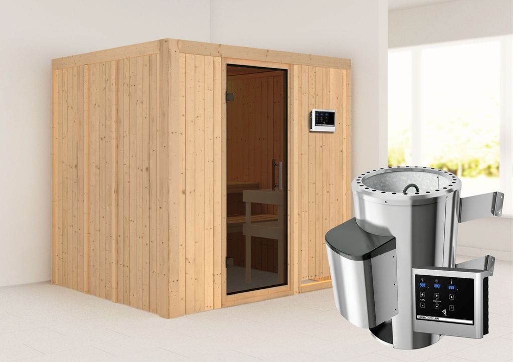 Karibu Sauna Innensauna Daria Fronteinstieg Ofen 3,6 kW externe Strg.easy 196x170x198 cm ohne Dachkranz mit Graphittür
