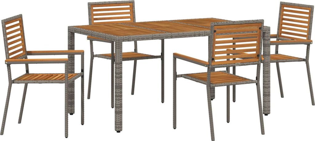 Möbel 5-teiliges Garten-Essset Grau Poly Rattan Akazie, Stapelbare Gartenstühle mit Kissen 2 Stück Grau Poly Rattan - Gartenstühle 3365439