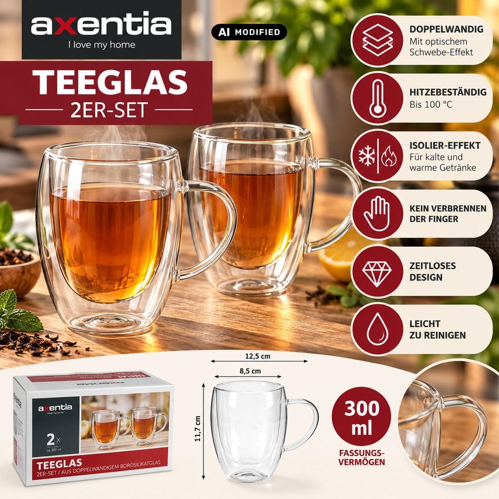 axentia Teeglas 2er-Set doppelwandig mit Henkel 300 ml