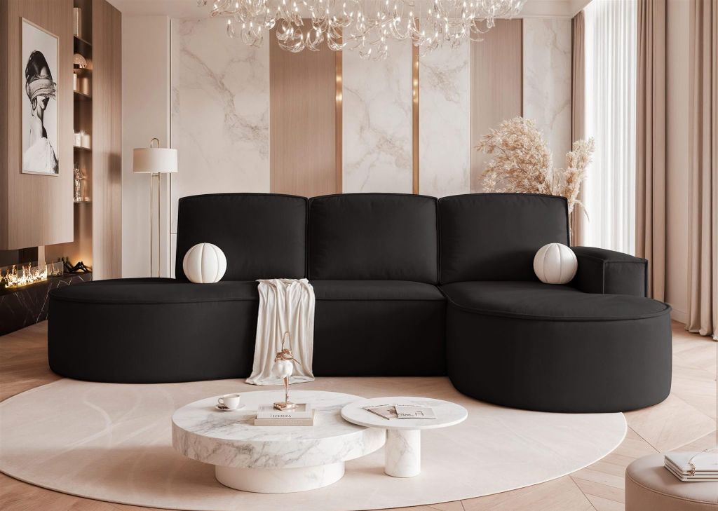 Ecksofa Schlafsofa Sofa ARLET in Stoff Riviera Schwarz Ottomane Rechts