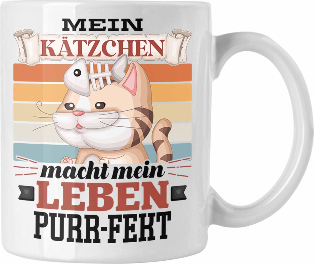 Trendation - Katze Tasse Geschenk Spruch Geschenkidee für Katzen-Mama Papa Katzenliebhaber Mein Kätzen Macht Mein Leben Purr-pekt (Weiß)
