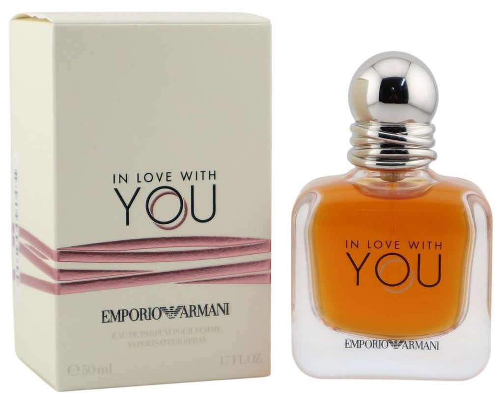 Emporio Armani In Love With You Eau de Parfum mit Box, Glasflakon mit silberner Kugelkappe und amberfarbener Flüssigkeit