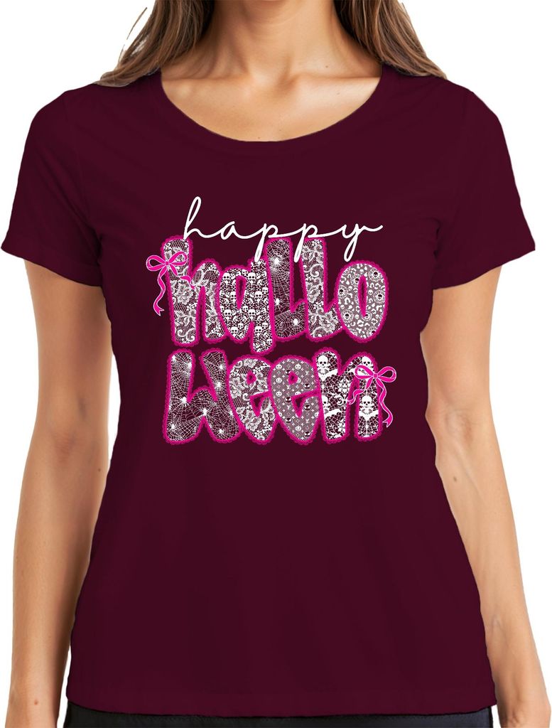 Happy Halloween Spinnennetz Spitze Pink Schleife Gothic Mädchen Damen T-Shirt, Burgundy, XL