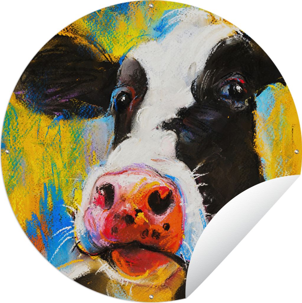 MuchoWow Gartenposter Outdoor-Poster Rund Gemälde - Ölfarbe - Kuh - Tiere Ø 150 cm Gartendeko Rundes Poster draußen