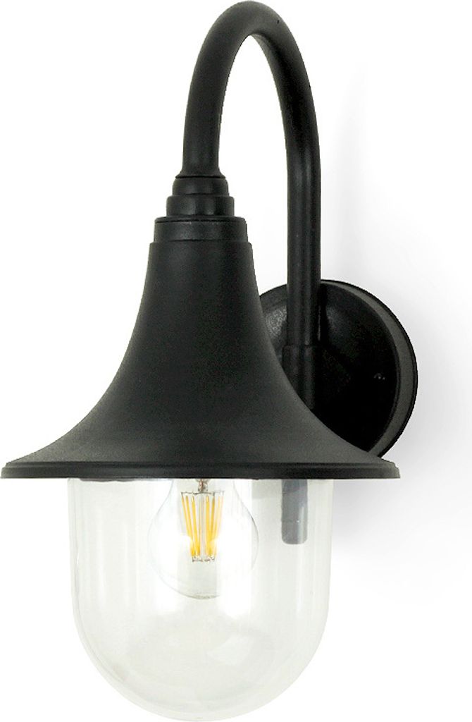A black outdoor wall lamp with a clear glass shade and an exposed filament bulb, mounted on a white background.
