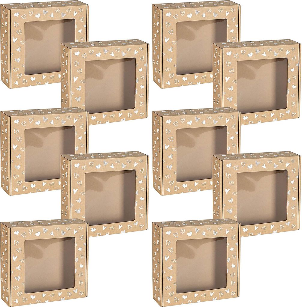 Quadratische Mailer-Box mit Sichtfenster, Geschenkschachtel mit weißem Herzaufdruck 20x20x5 cm x10