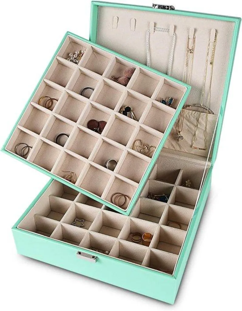 Boîte à Bijoux Classique 50 Compartiments avec Porte-Collier Turquoise