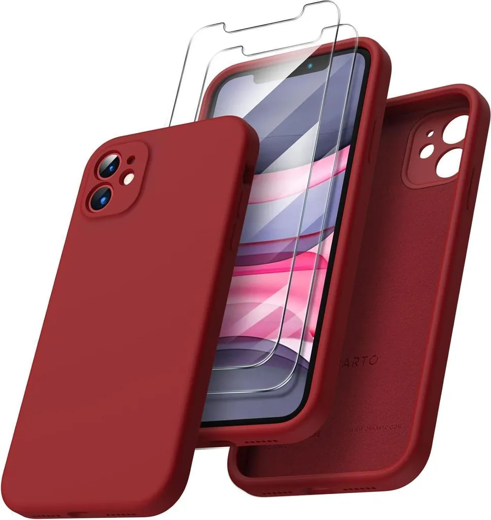 ORNARTO Étui iPhone 11 Silicone Rouge avec 2 Verres de Protection Écran