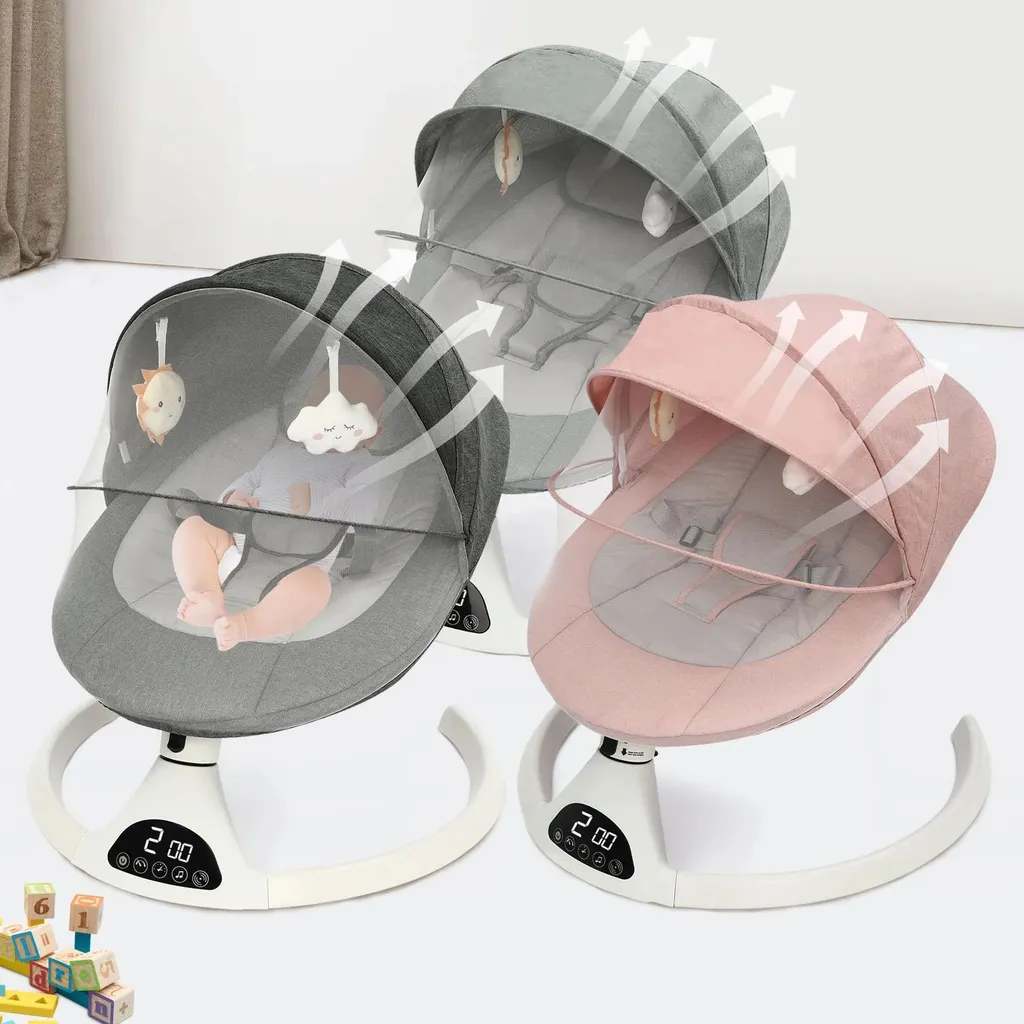 Balançoire bébé avec 5 vitesses et minuterie - Transat rose avec télécommande - 2