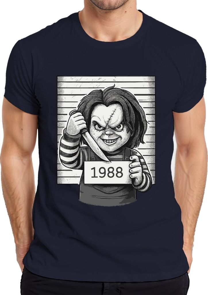 Chucky Mörderpuppe 1988 Horror Polizeifoto Killer Puppe Cult Herren T-Shirt, Navy, 3XL