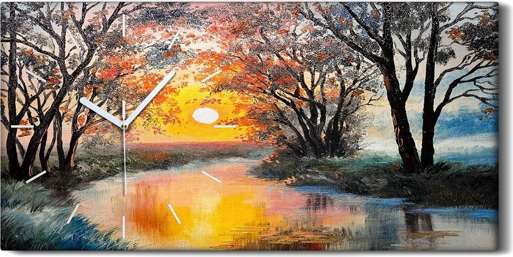 Leinwand Uhr Küche Wohnzimmer Bild 60x30 Wand Bild Wald Malerei Bäume Sonne See - weiße Hände