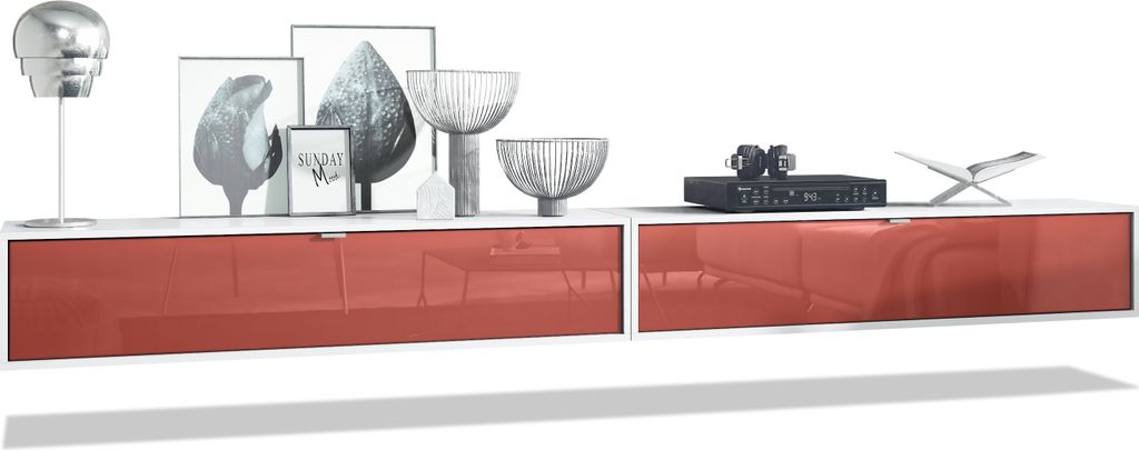 Vladon 2er-Set TV Board Lana 140, Germany, Lowboards je 140 x 29 x 37 cm mit viel Stauraum, Korpus in Weiß matt, Fronten in Bordeaux Hochglanz | G...