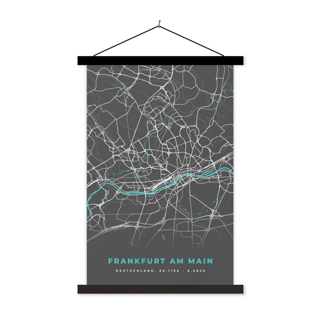 MuchoWow Textilposter Stadtplan - Deutschland - Blau - Frankfurt am Main - Karte 60x90 cm mit schwarzem Rahmen - Poster Wohnzimmer