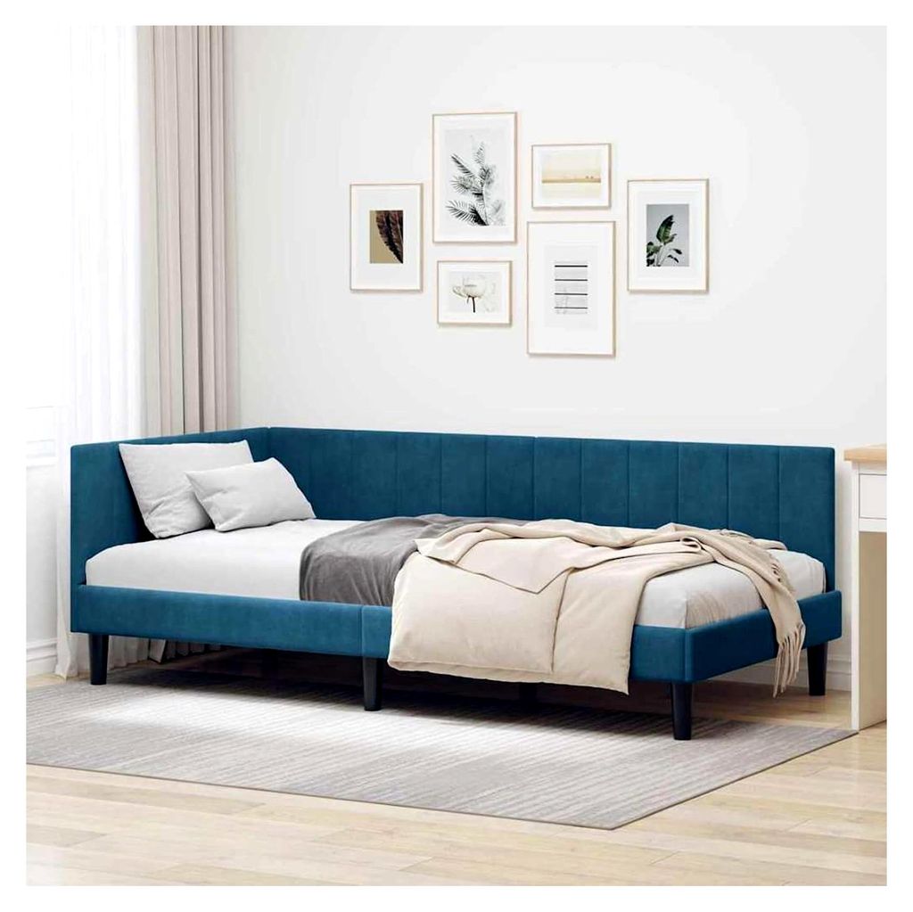 Eckbettgestell mit Kopfteil Blau 90 cm x 190 cm Stoff, Schlafsofa Eckbettrahmen für Gästezimmer, Studentenwohnung, Ferienhaus, Hostel