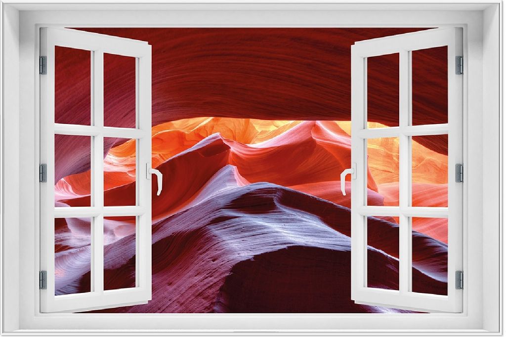 Wallario Wandbild mit Fenster-Illusion: Antelop Canyon USA Kalksandsteingebirge in leuchtenden Farben, Größe: 61 x 91,5 cm, Poster mit weißem A...