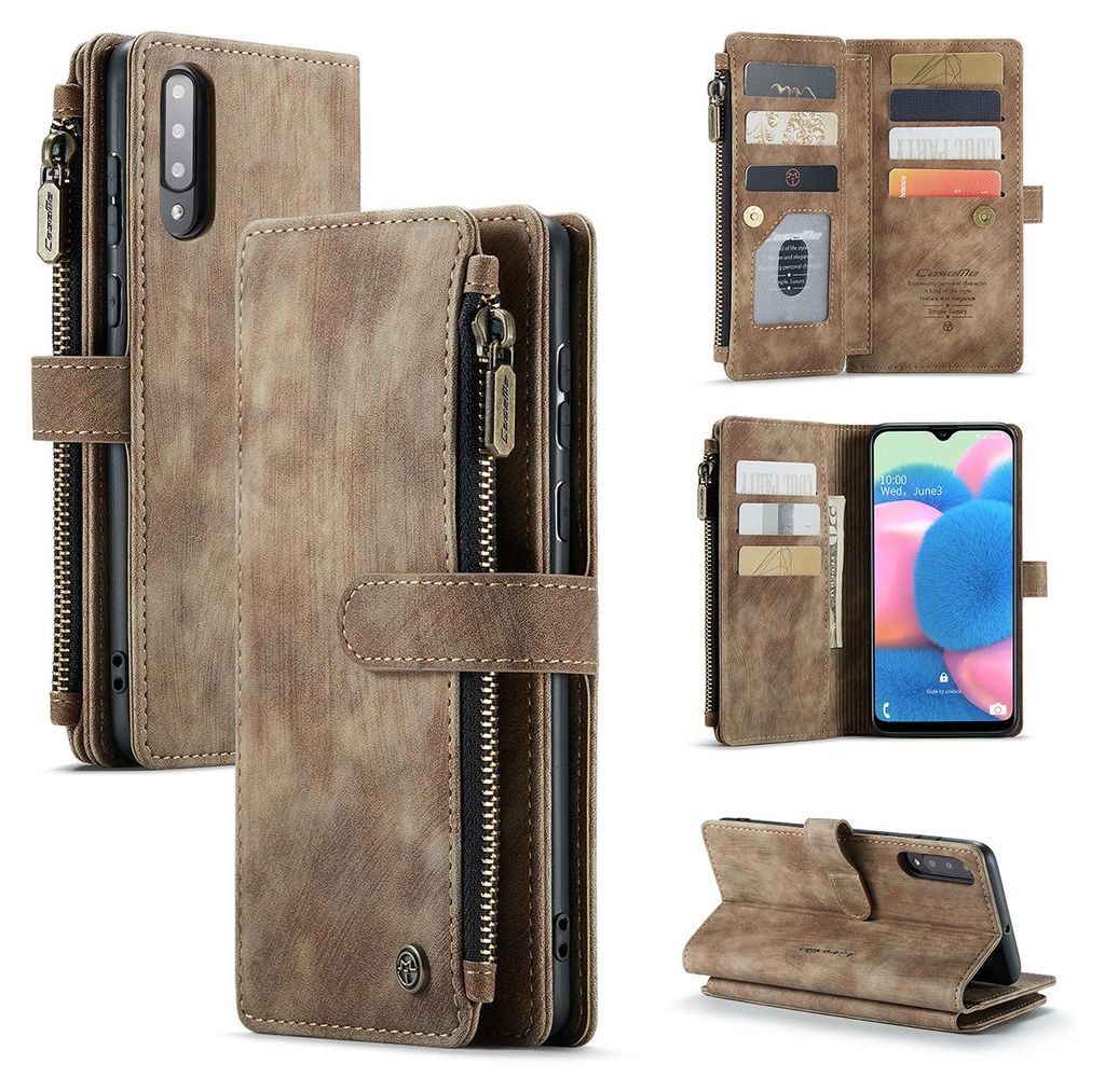 Collage of images showing a brown leather wallet-style phone case for a Samsung Galaxy A50, displaying its features like card slots, zipper pocket, and stand function.